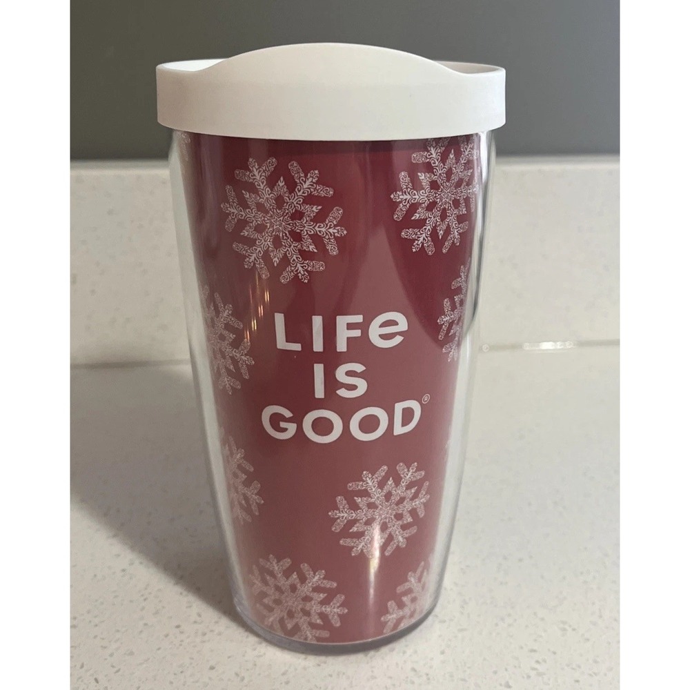 Tervis Tumbler Life is Good 16oz Red Snowflakes‎ with White Lid Holiday Winter